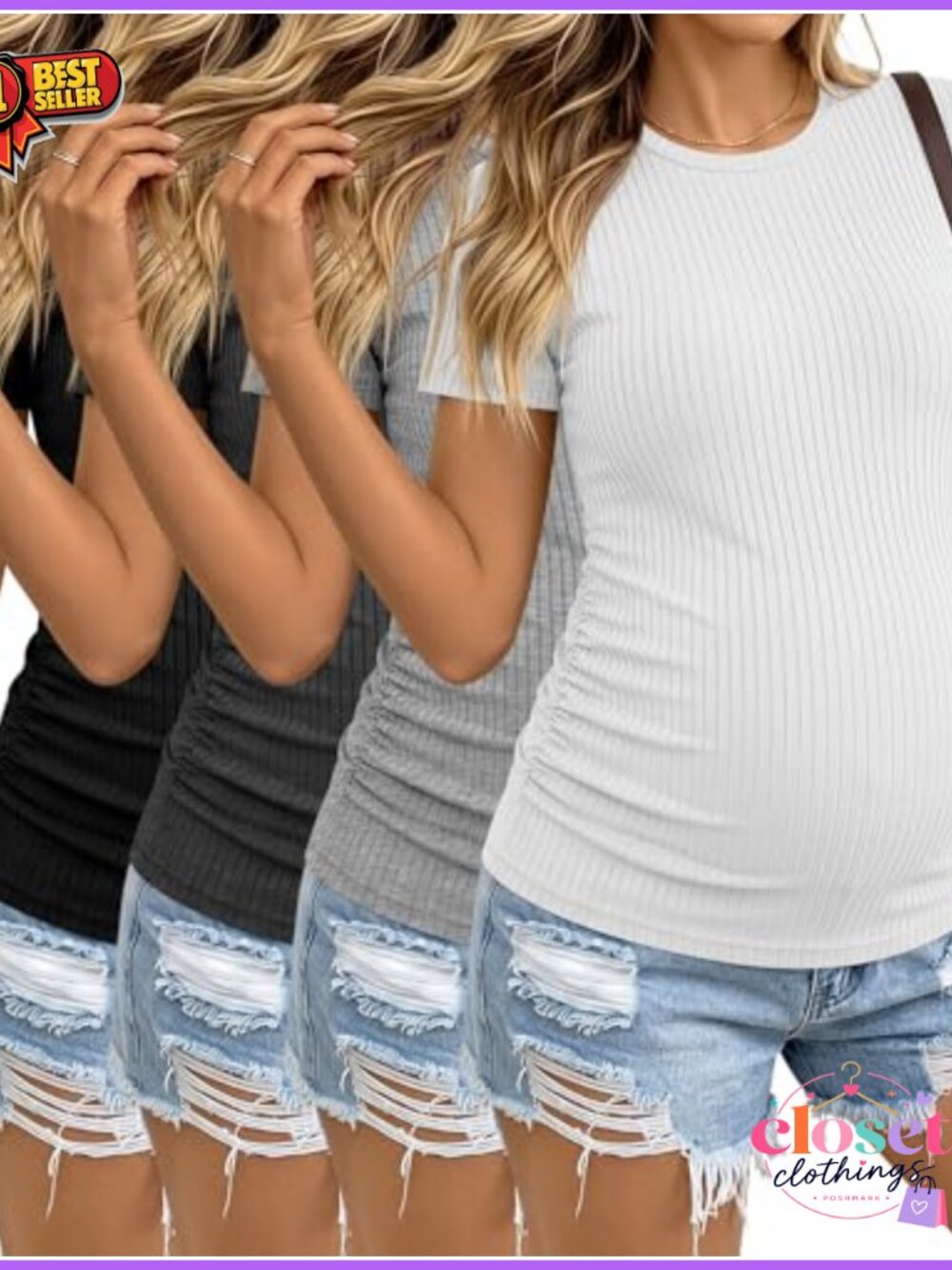 Cotton Maternity T-Shirts 4 Pack Crew Neck Short Sleeve Ribbed Pregnancy Tops